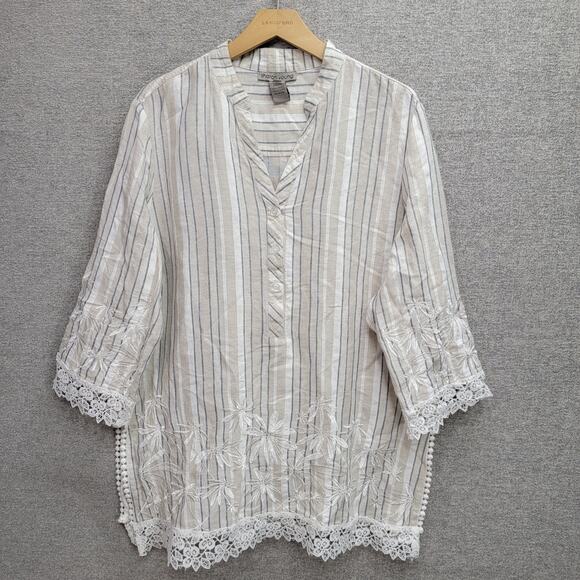 SHARON YOUNG EMBROIDERED LACE LINEN BLEND TUNIC TOP, SIZE XL - Picture 1 of 5